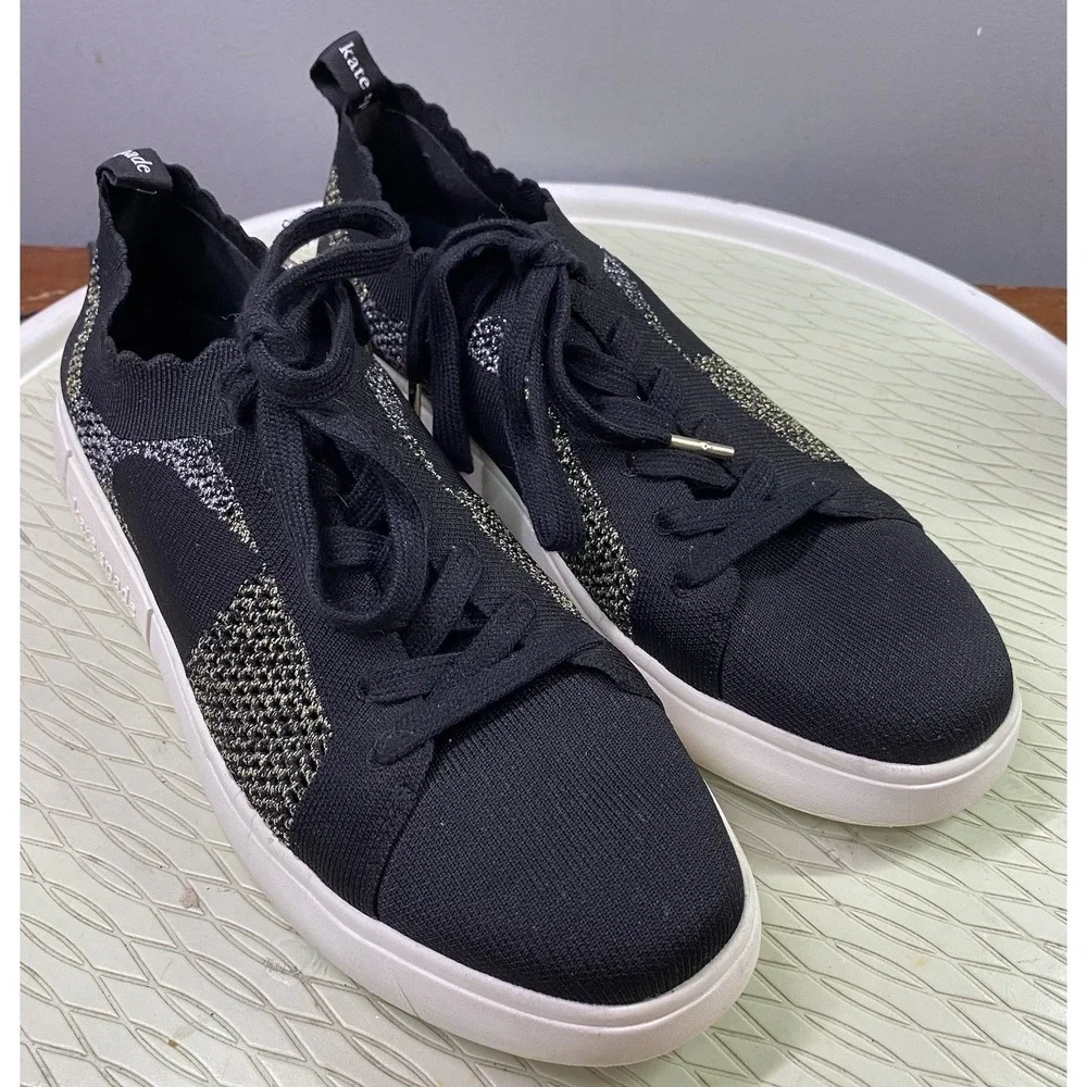 Kate Spade New York Womens‎ Black/Gold/Silver Knit Sneakers Sky Tennis Shoes 10B